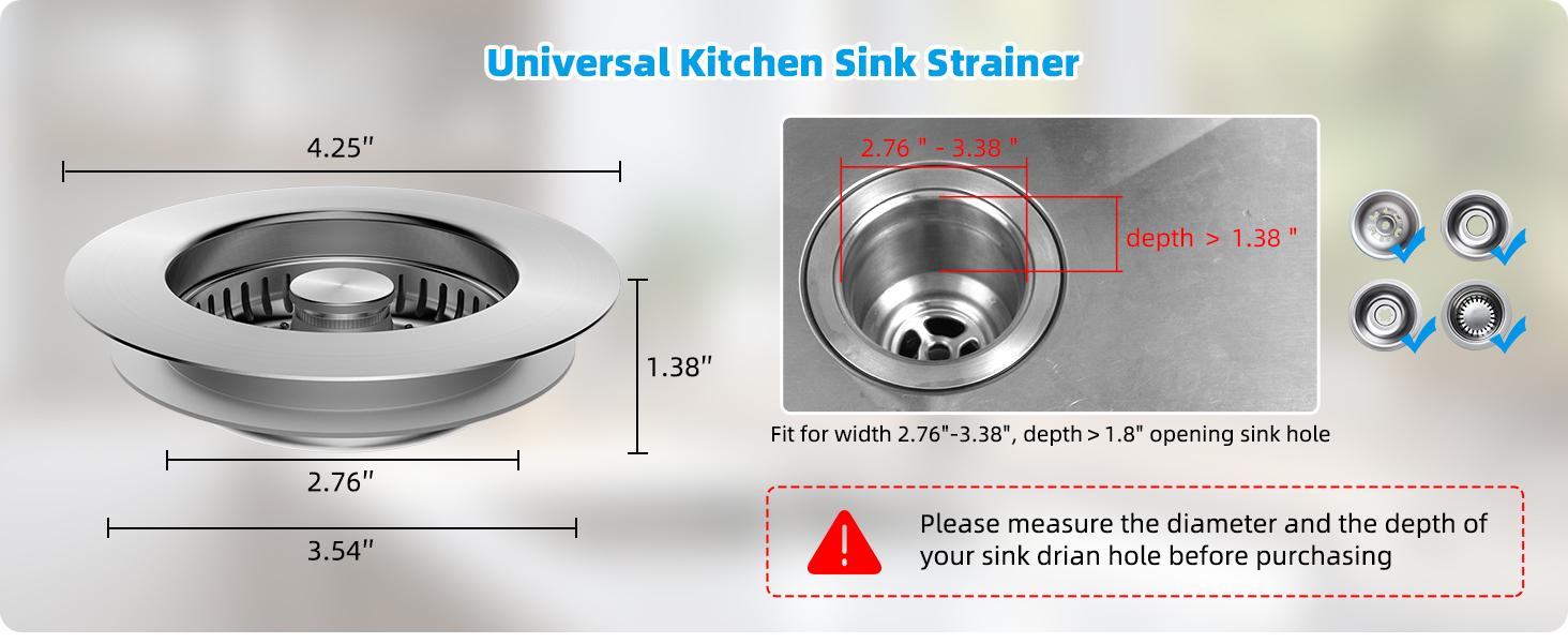 Hibbent All Metal Stainless Steel 3 in 1 Kitchen Sink Drain Strainer and Stopper Combo, Upgraded Sink Stopper, Anti-Clogging Stainless Steel Basket Strainer with Handle for US Standard 3-1/2" Drain