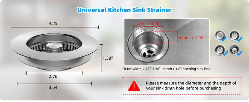 Hibbent All Metal Stainless Steel 3 in 1 Kitchen Sink Drain Strainer and Stopper Combo, Upgraded Sink Stopper, Anti-Clogging Stainless Steel Basket Strainer with Handle for US Standard 3-1/2" Drain