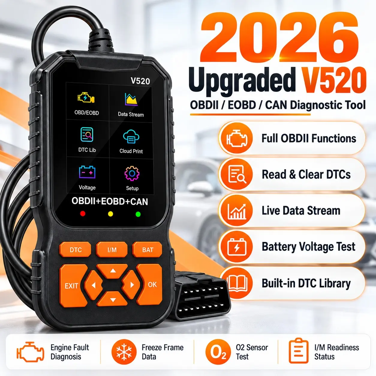 V520 Obdii Scanner for Cars, 8-Language Engine Code Reader, Enhanced Obd2 Diagnostic Tool for Auto Testing & Repair, Abs Enclosure Material