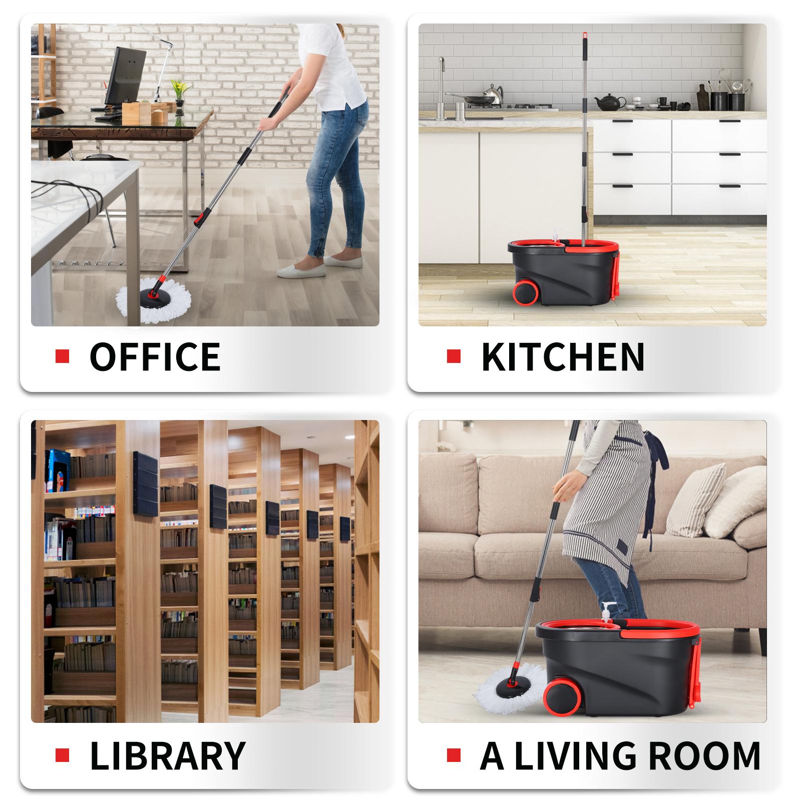 Spin Mop and Bucket with Wringer Set Stainless Steel 360 Floor Mop Bucket on Wheels 3 Microfiber Heads Telescoping Rod 38-61 Inches Adjustable Buckle Hook