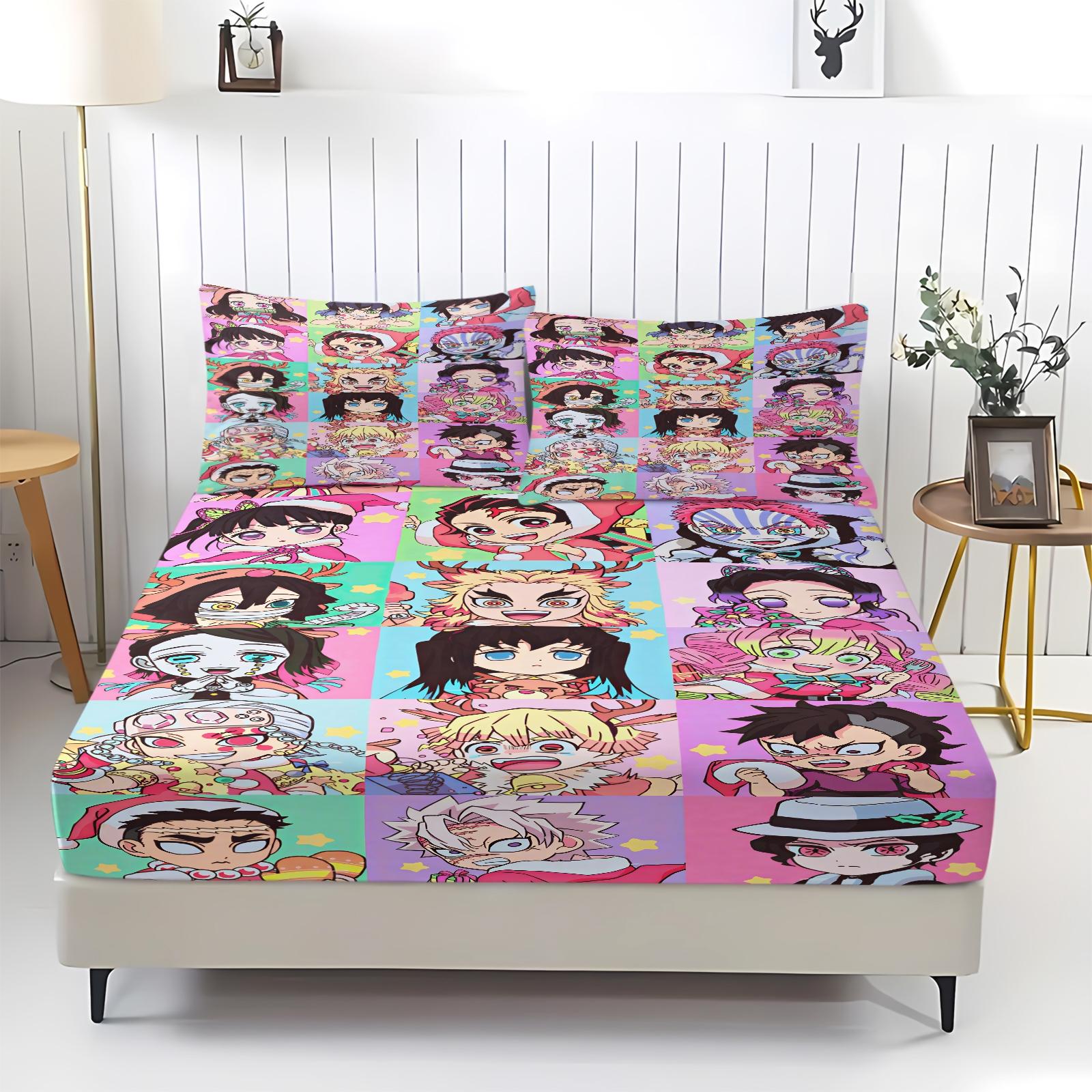 3-Piece Demon Slayer Bedding Set, Comfortable Printed Design, Includes 1 Fitted Sheet & 2 Pillowcases, Non-Slip, Perfect Gift, Bed Sheets