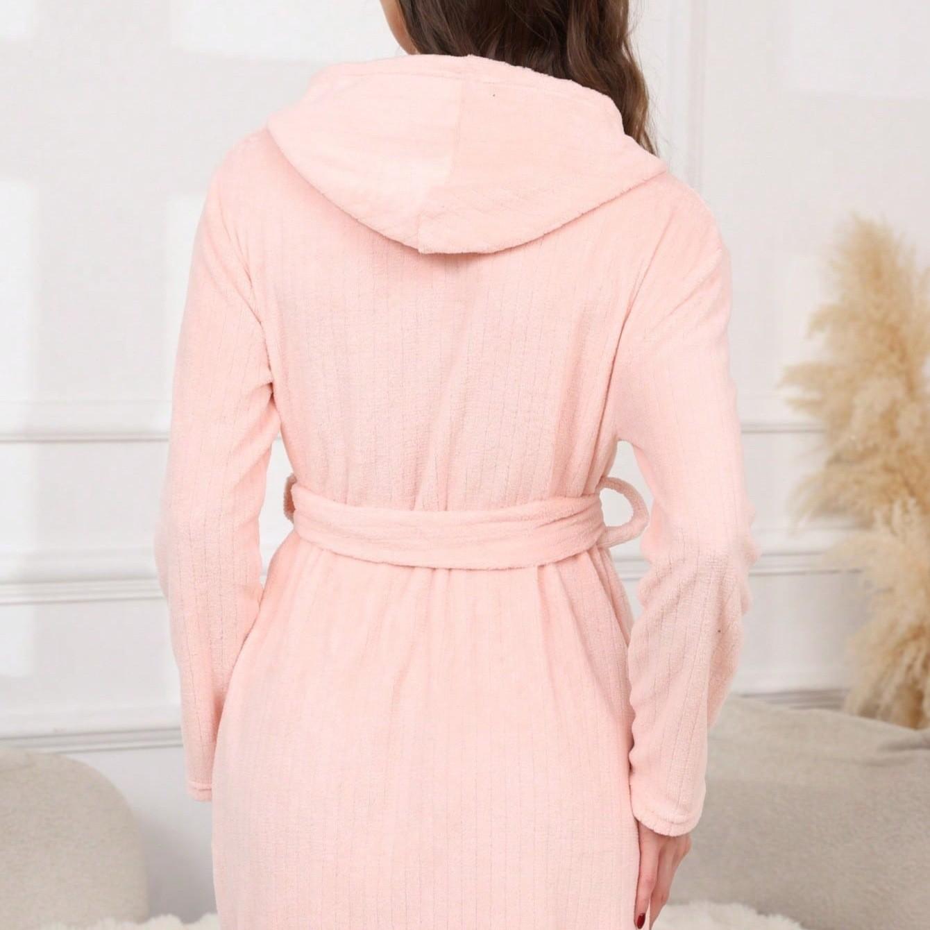 Women's Solid Color Flannel Sleep Robe, Long Sleeve Hooded Bathrobe, Cozy Home Wear for Fall & Winter, New Arrival Comfortable Pajamas