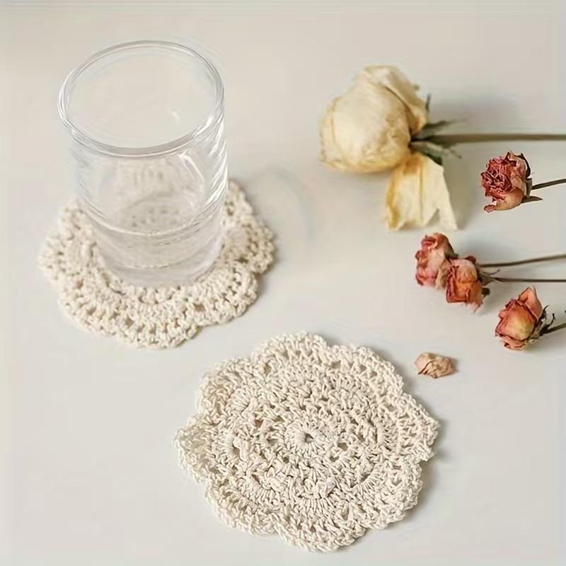 Set of 4 Hand-Woven Coasters, Heat-Resistant Floral Table Mats, Vintage Style Photography Props, Room Decor, Thread Coasters