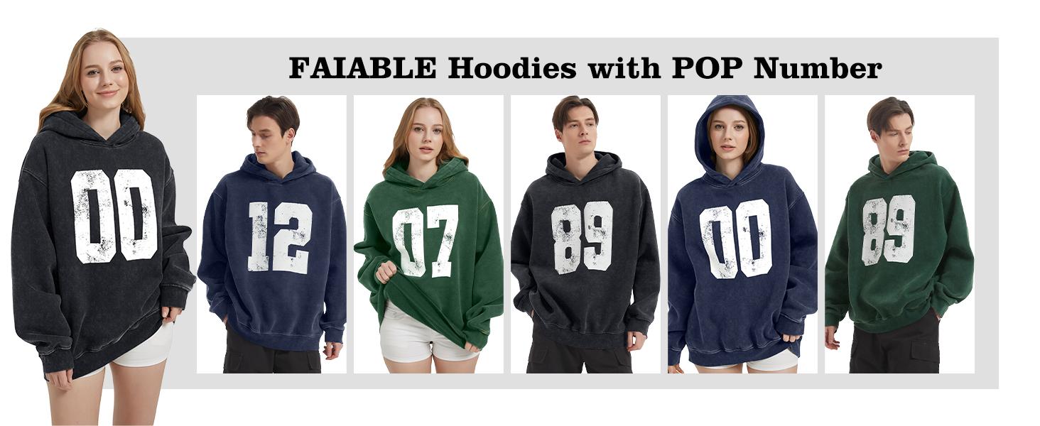 FAIABLE Acid Washed Vintage Print Number Women's Hoodie Oversized Fade Craft Long Sleeve Pullover Oversized Hoodie Wash Plush Cotton Hooded Sweatshirt Fleece Hoodies Cute Long Sleeve Preppy Sweatshirts Fall Oversized Pullover Hooded Tops