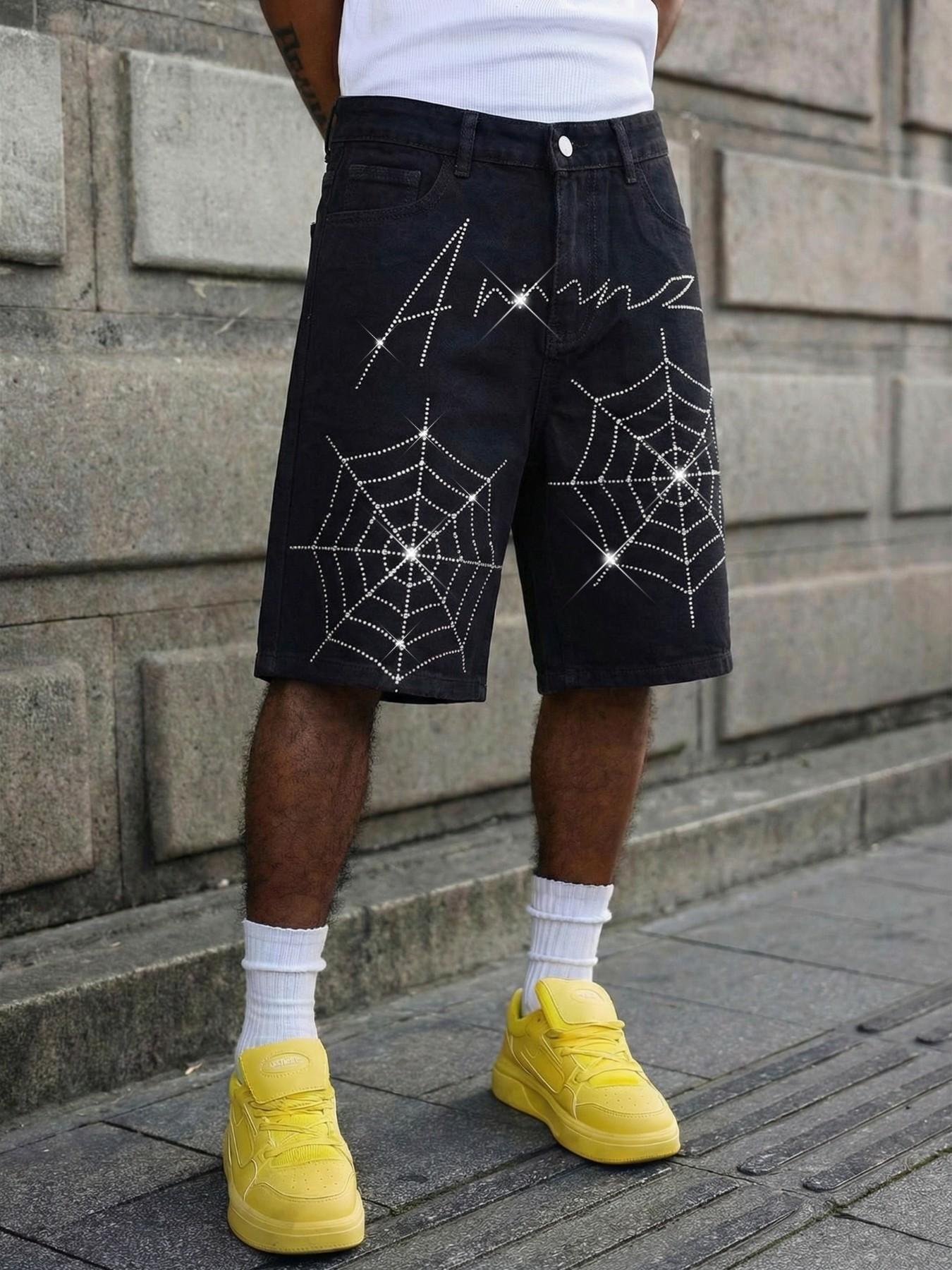 Men's Summer Rhinestone Spider Web Pattern Loose-Fit Straight Leg Denim Shorts, Streetwear Party Music Festival Casual Five-Pocket Pants