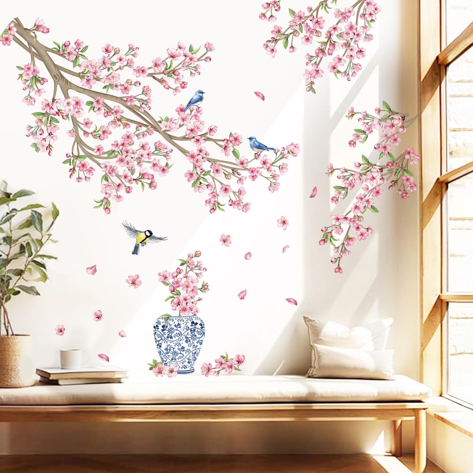 Cherry Tree Wall Sticker, Hanging Flower Branches, Bird Wall Sticker, Suitable for Living Room, Bedroom, TV Background