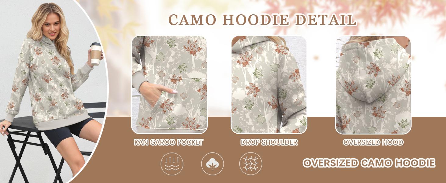 ETCYY Women’s Oversized Camo Fleece Hoodie – Casual Womenswear Camouflage Long Sleeve Sweatshirt with Kangaroo Pocket, Soft Viscose Blend Comfort, Drop Shoulder Crewneck Top, Cozy Maple Floral Print in Khaki for Fall/Winter