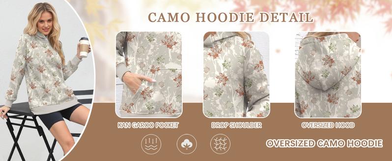 ETCYY Women’s Oversized Camo Fleece Hoodie – Casual Womenswear Camouflage Long Sleeve Sweatshirt with Kangaroo Pocket, Soft Viscose Blend Comfort, Drop Shoulder Crewneck Top, Cozy Maple Floral Print in Khaki for Fall/Winter