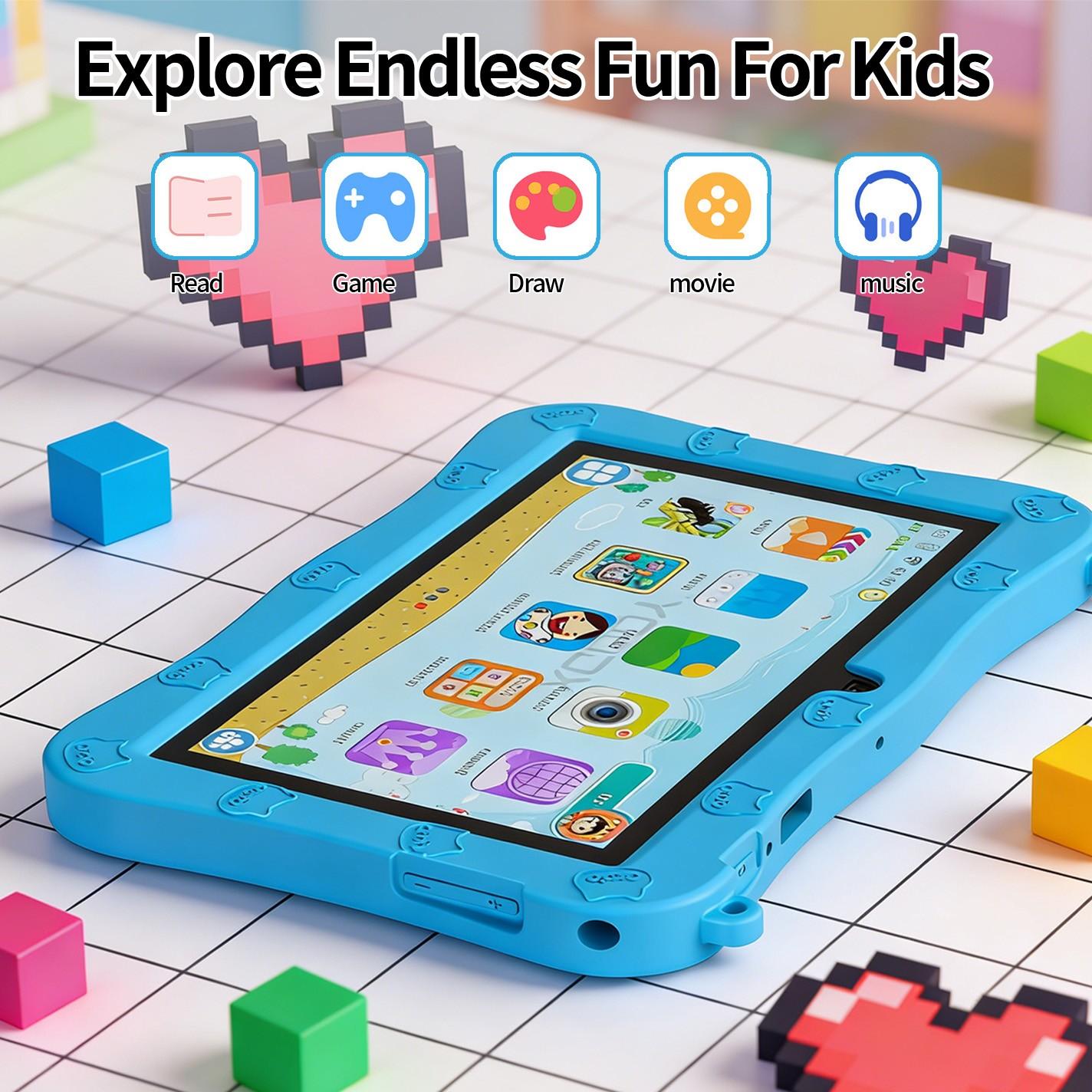 7 Inch Kids Tablet PC Android 13.0 4GB 64GB, Dual Camera 2mp+5mp, WiFi Bluetooth-compatible, Shockproof Case, Parental Control, Ideal Gift