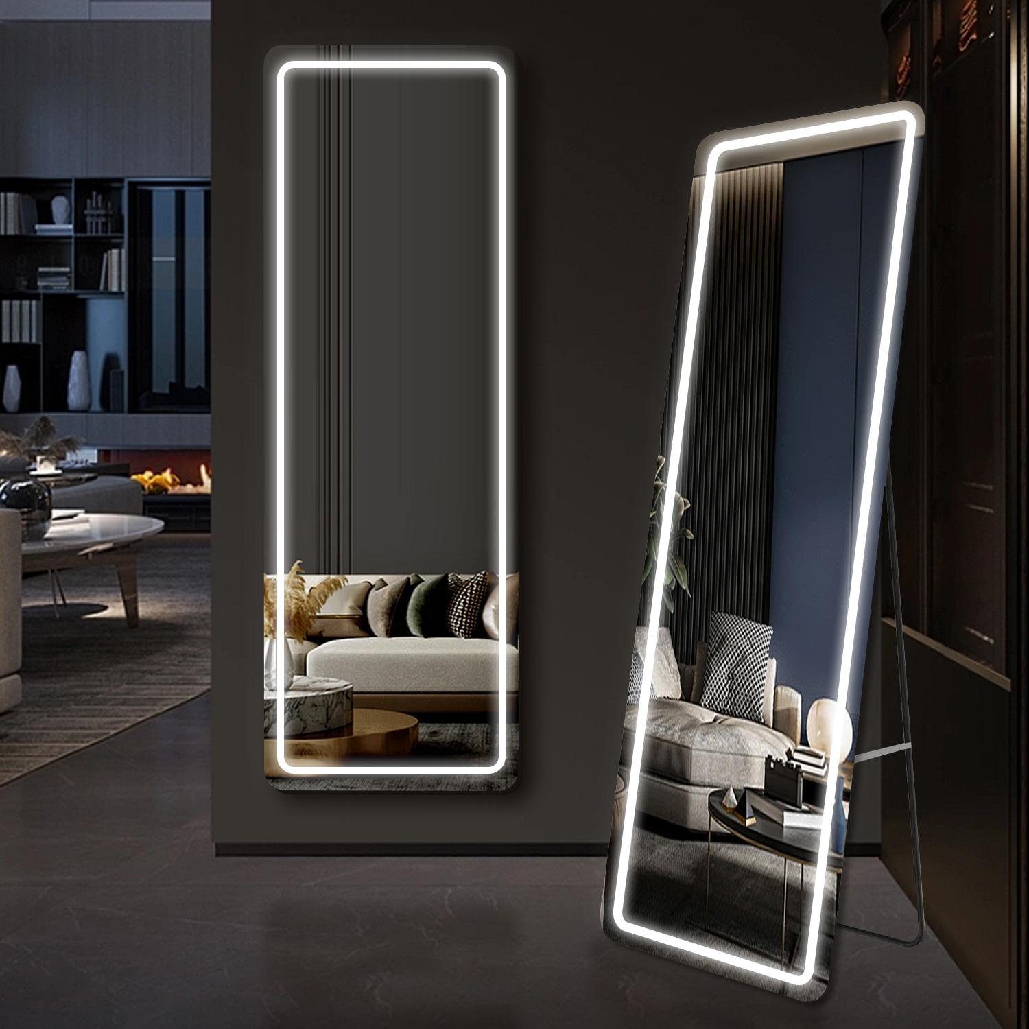 Full Length LED Vanity Mirror with Stand, Dimmable 3 Color Lighting, Wall Mount or Floor Use Aluminum Alloy Frame Durable Glass Mirror with Switch for Bedroom Living Room Decor Standing