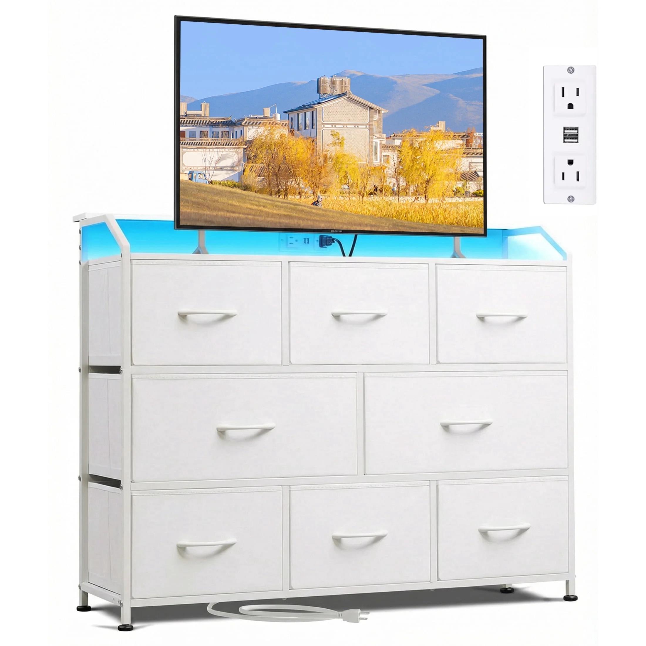 Fabric Drawer Dressing Table with Power Outlets and LED Lights, Multi-Functional TV Cabinet & Storage Cabinet with Built-in Electrical Sockets, Black Fabric Drawers with Metal Frame, Perfect for Bedroom, Living Room & Media Storage