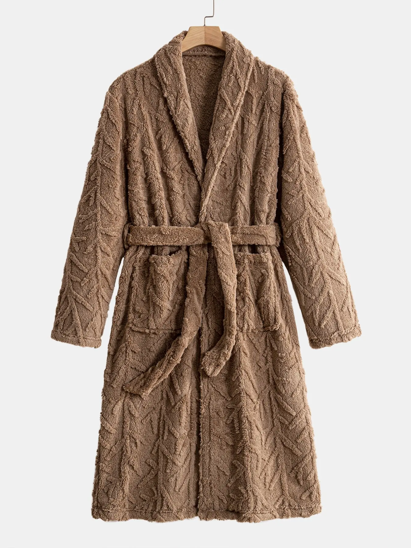 Men's Cozy Solid-Color Embossed Plush Bathrobe, Fluffy Long Wrap-Around Robe with Waist Tie, Warm Winter Loungewear for Spa Shower Home