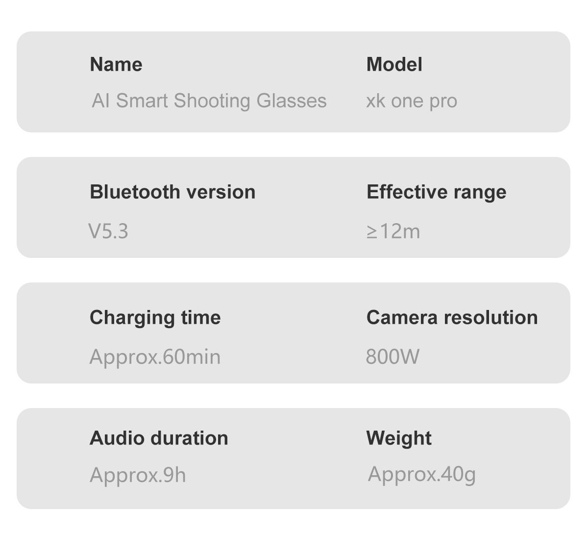 wearable smart camera glasses, Multifunctional smart glasses; 8MP HD first-person video recording; one-click audio recording; AI real-time translation and interpretation; Bluetooth; WiFi; 290mAh battery; includes functional lenses