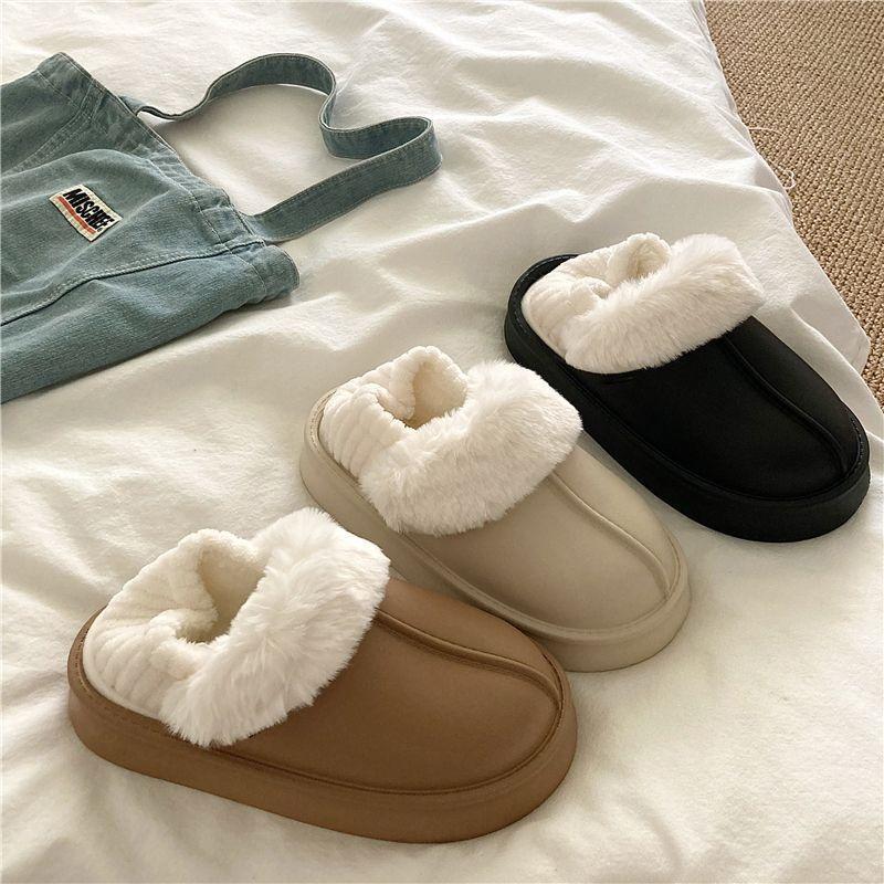 Crestar Winter Women Fuzzy Slippers New Outdoor Waterproof Cotton Shoes Warm Fluffy Home Slides Detachable Plush Cotton Slippers