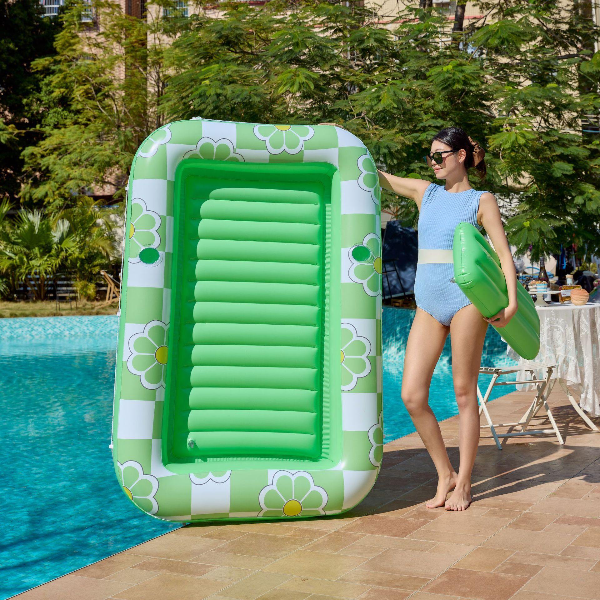 Large Square Inflatable Float Bed with Backrest, Pool Float with Pillow and Cup Holder, 4-In-1 Sunbed, Party Gift, Swim Pool Lounge Chair