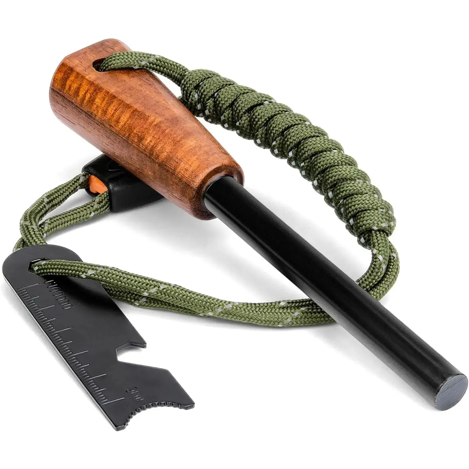 Unisex Compact Handheld Fire Starter Survival Kit for Hiking Gear - Handmade Wooden Handle, 3/8" Thick Waterproof Ferro Rod, Striker, Umbrella Rope, Windproof Flame Flint and Steel Tool, Black