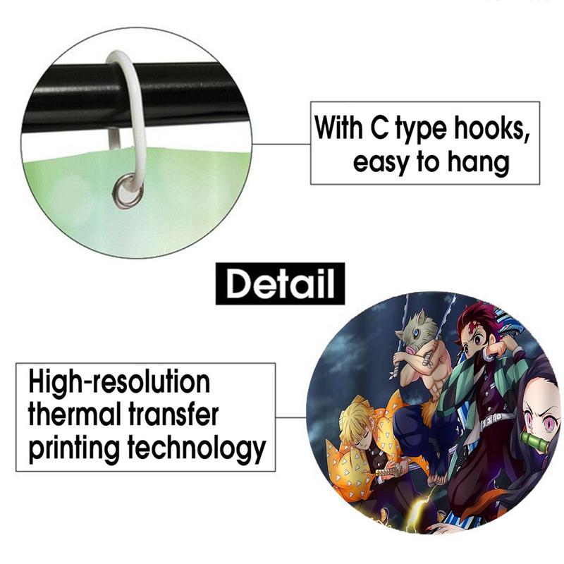 Demon Slayer Anime Print Shower Curtain Set, Includes 12 Hooks, Waterproof Curtains, Non-Slip Mat, U-Shaped Toilet Pad, Ideal Gift