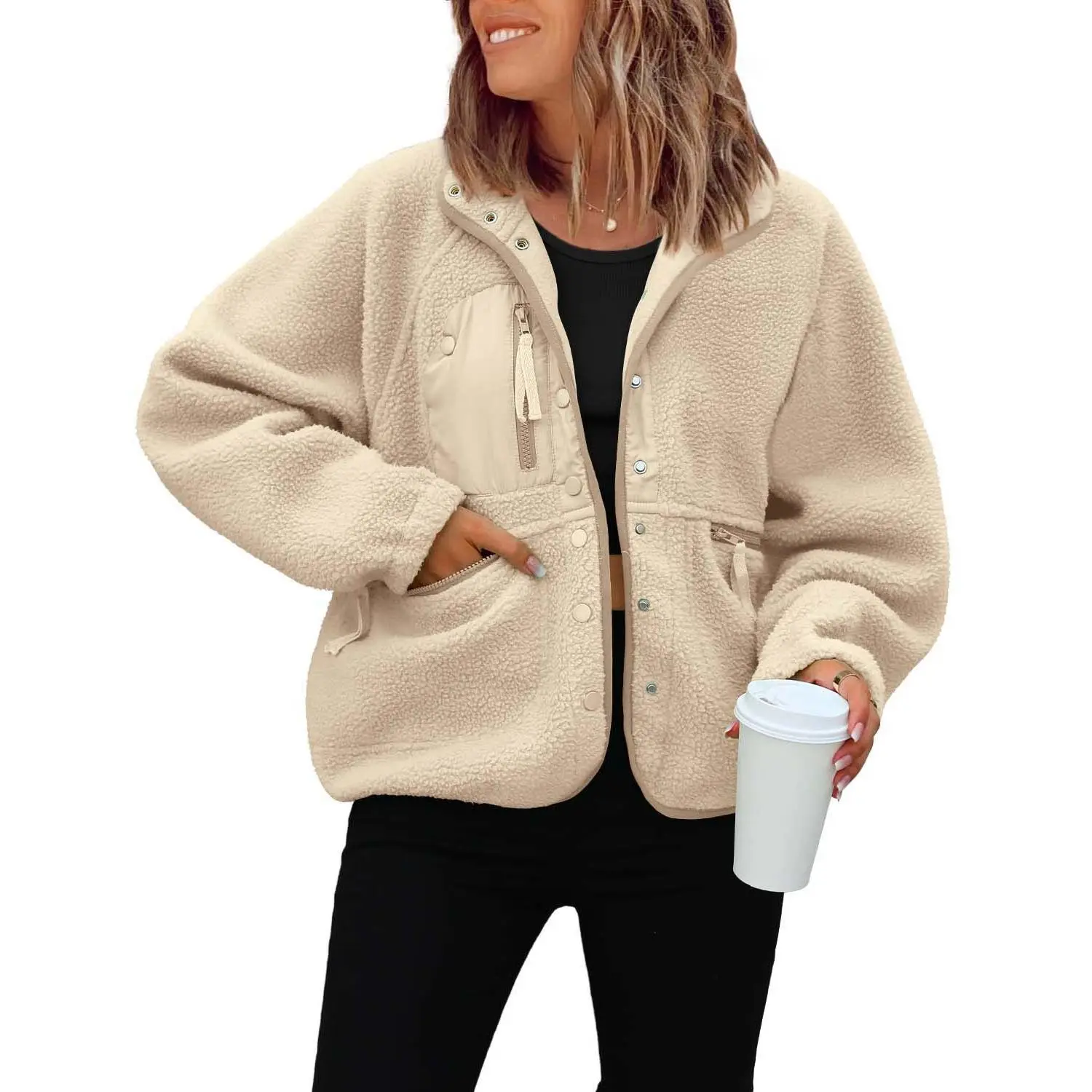 Women’s Sherpa Fleece Jacket, Cozy Stand Collar Snap Button Teddy Coat with Chest & Side Zip Pockets, Oversized Long Sleeve Casual Outerwear, Warm Fall Winter Streetwear Jacket for Travel, Work, Shopping & Everyday Wear