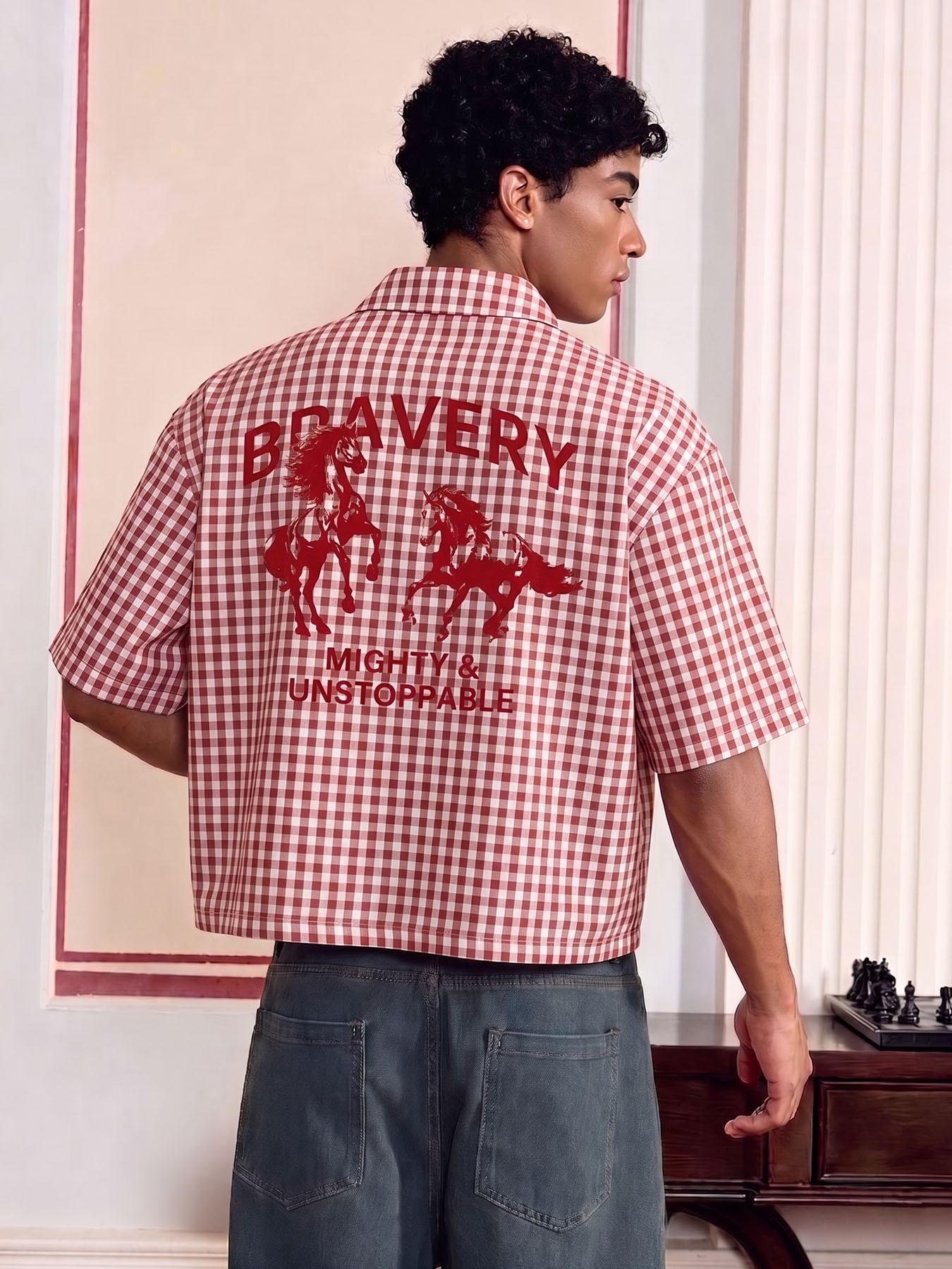 Men's Regular Fit Horse & Letter Print Short Sleeve Shirt, Casual Retro Gingham Shirt for Daily Wear, Fashion Men's Top for Summer
