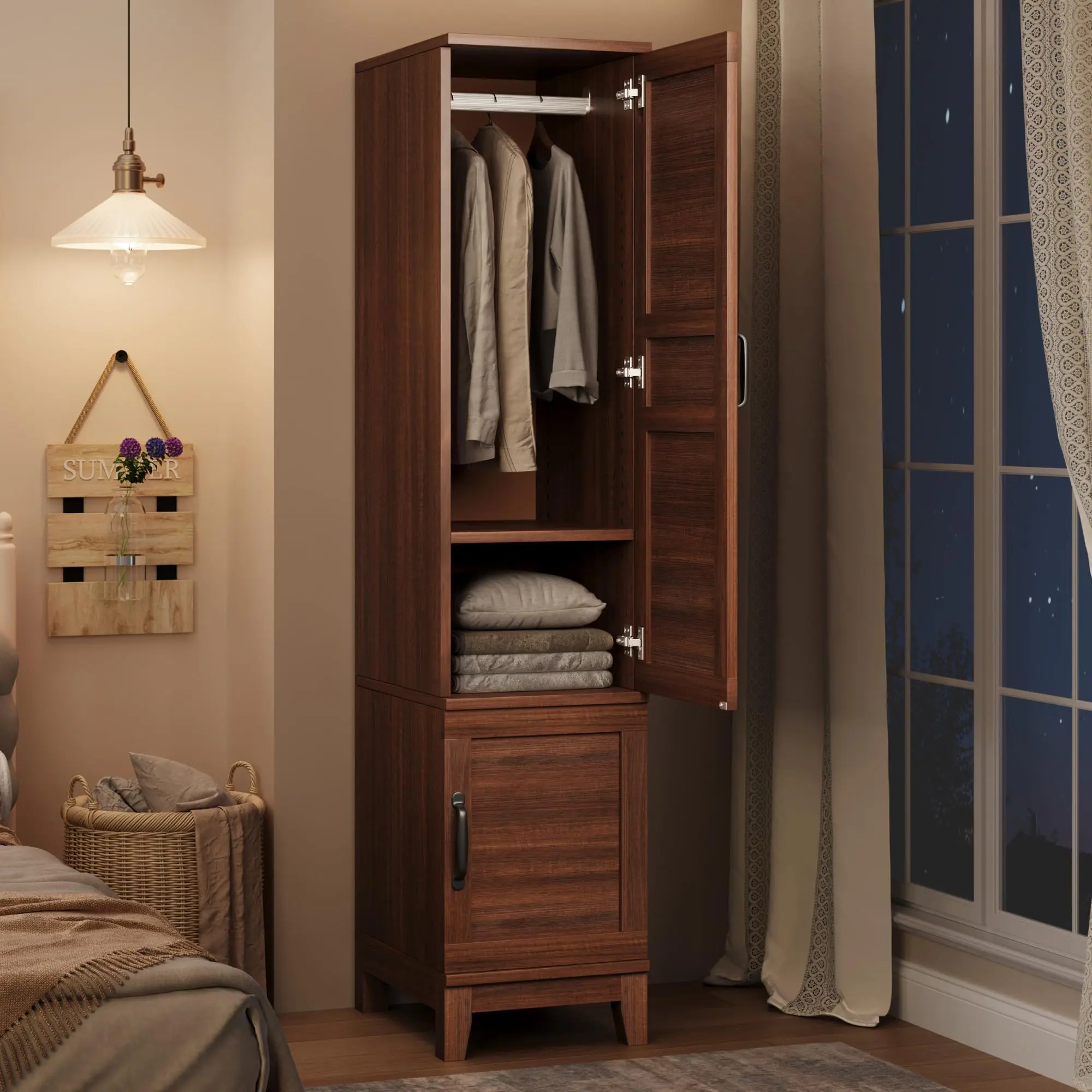 Heavy Duty Wooden Wardrobe Closet - 2 Doors, 72" Tall Armoire with Hanging Rod & 18 Adjustable Shelves - Slim Bedroom Storage Cabinet for Clothes Organization, Walnut Finish - Brown