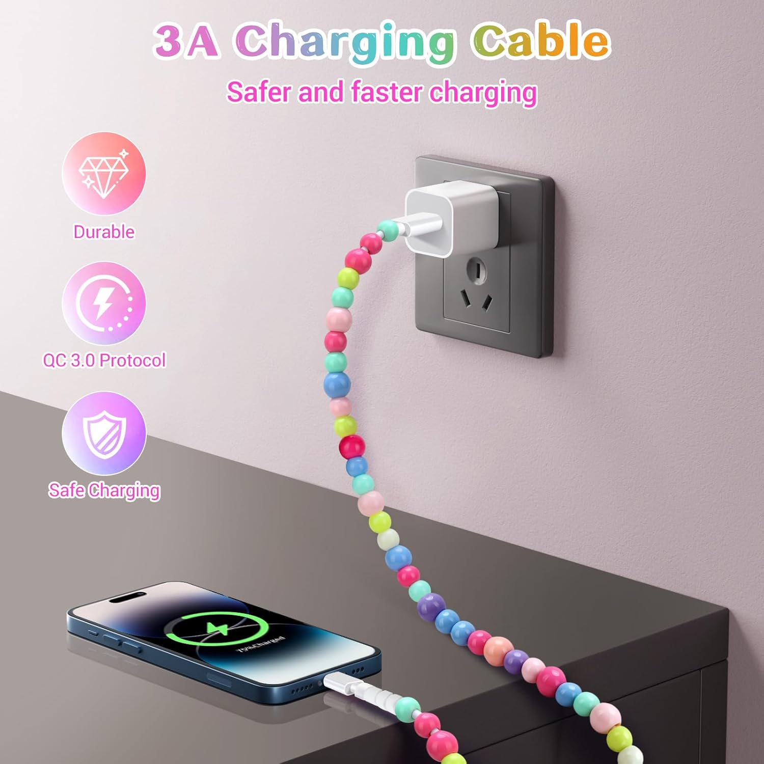 Stylish Pearl-Bead Shine Charging & Data Cable - Functional Mobile Phone Accessory, Compatible with iPhone Lightning, Samsung Type-C & All Smartphones