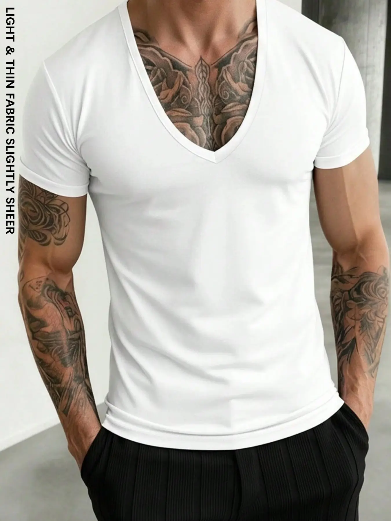1 Pack Men's Basic Plain Solid White Deep V Neck Short Sleeve T-Shirt Slim Fit Breathable Fabric Casual Top for Daily Commute Outdoor Leisure Menswear