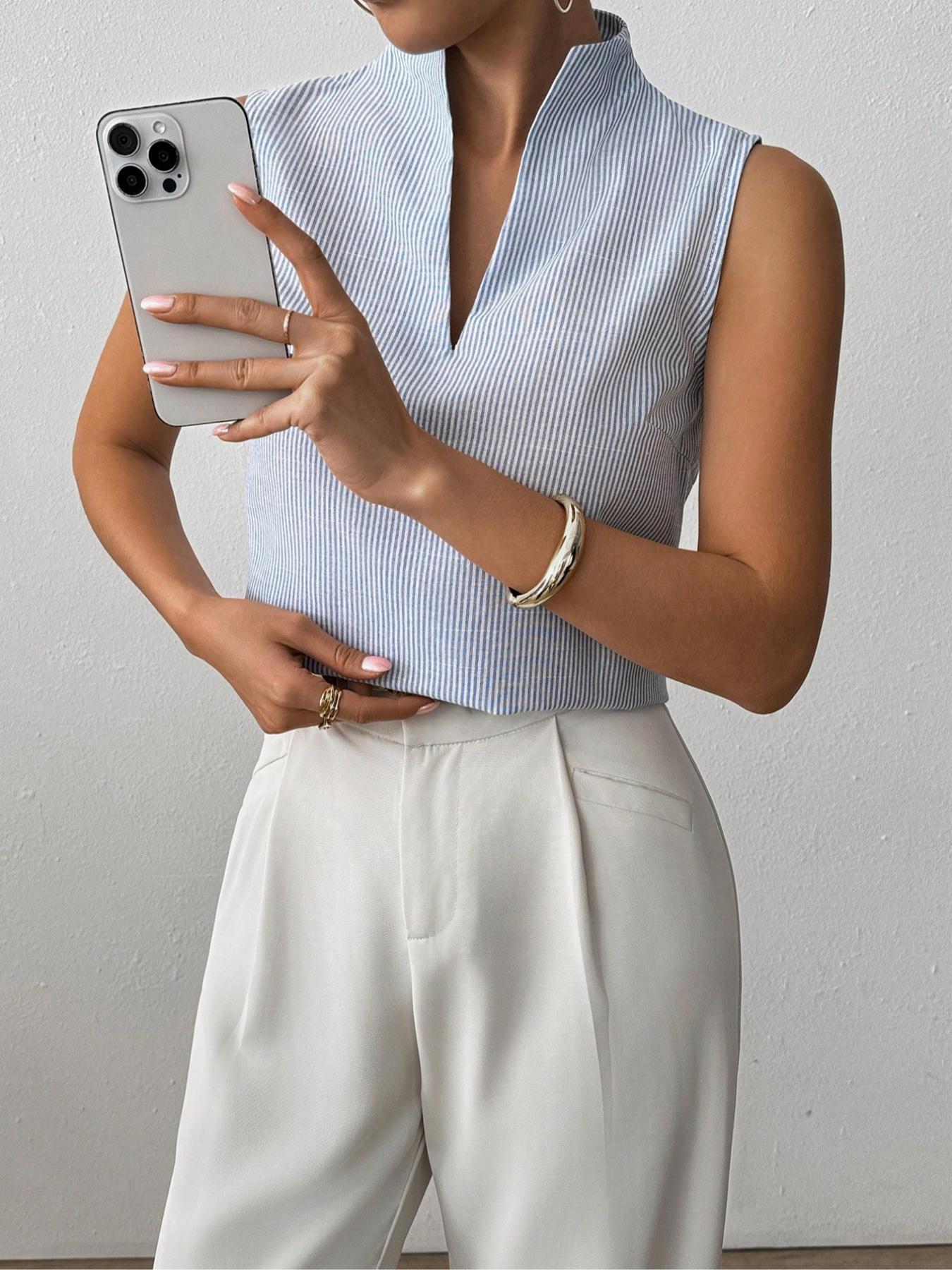 Women's Striped Print Curved Hem Tank Top, Casual Chic Sleeveless Top for Work Office Business, Ladies Clothes for Summer, Womenswear