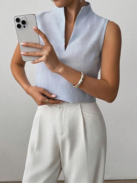 Women's Striped Print Curved Hem Tank Top, Casual Chic Sleeveless Top for Work Office Business, Ladies Clothes for Summer, Womenswear