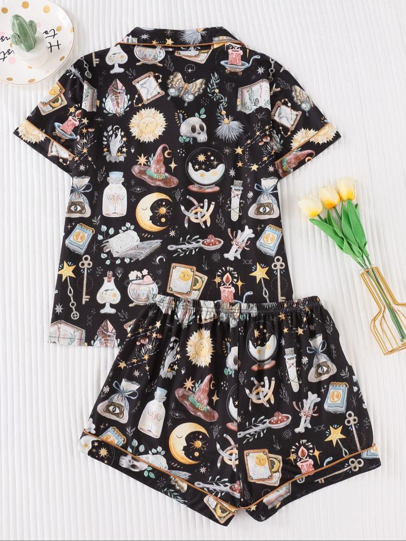 Women's All Over Print Pyjamas Two-piece Set, Casual Comfy Short Sleeve Lapel Neck Pajama Top & Elastic Waist Shorts PJ Set, Ladies Sleepwear, Loungewear Pajamas Set, Casual Pajama Sets