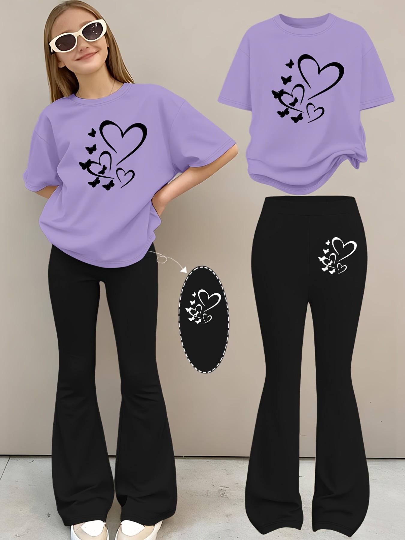 2pcs Girls Summer Fashion Print Drop Shoulder Short Sleeve T-Shirt + Elastic Bell Pants Set, Comfortable Soft Sweat Round Neck T-Shirt + Casual Bell Pants