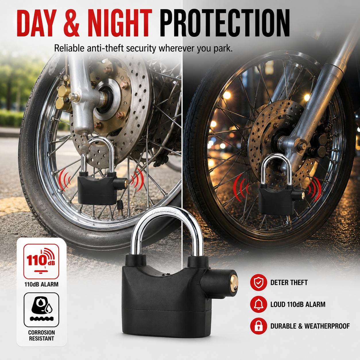 110dB Loud Alarm Padlock with 3 Keys, Outdoor Stainless Steel Door Lock, High-Security Hanging Lock for Garage Doors, Fence Gates, Tool Boxes and Storage Units