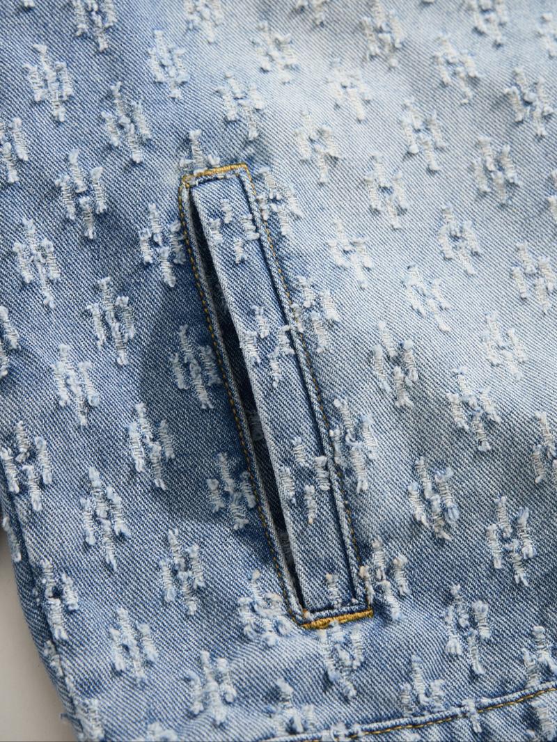 Men's Trendy Street Style Washed Light Color Single Button Long Sleeve Denim Jacket, Casual Ripped Jean Coat, Perfect Gift for Boyfriend