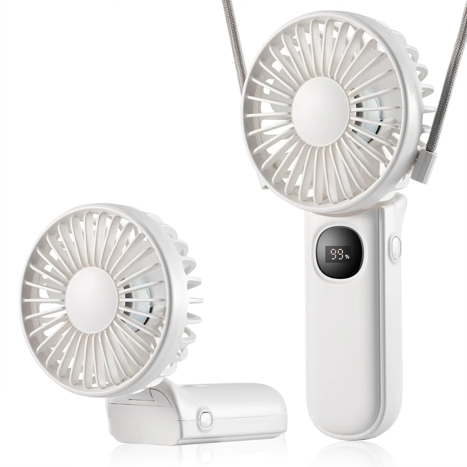 Mini Fan Handheld, Handheld//Desk 3 in 1 Rechargeable Small Portable for Travel, 2400mAh  Operated with LED Display, 180° Foldable with 5 Speed Wind (White)