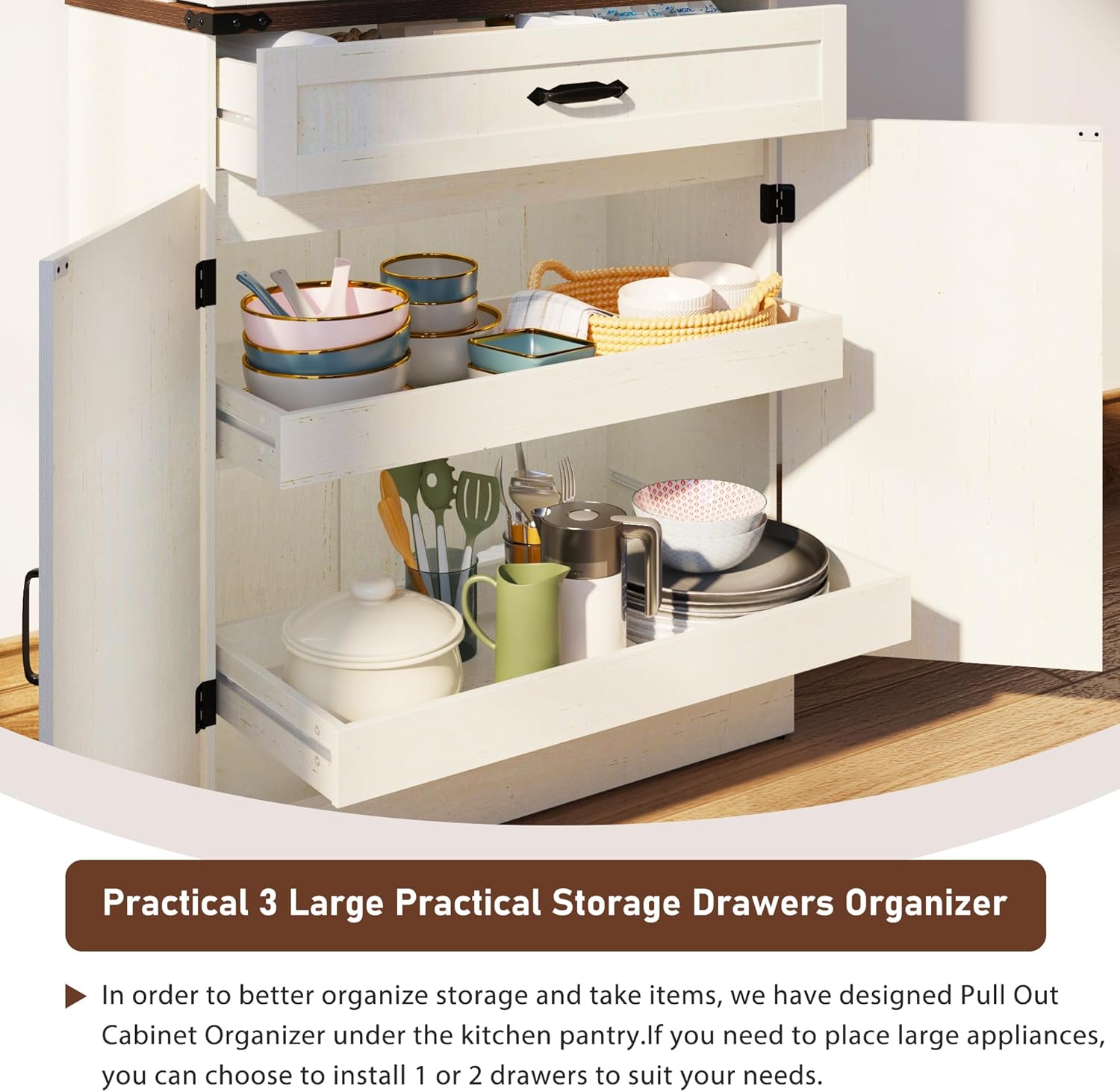 71" Tall Kitchen Pantry Cabinet with 3 Drawers, Farmhouse Storage Cabinet with 6 Barn Door Shelves,with Load-Bearing Steel Pipe and Adjustable Shelves,Pantry Organizer for Kitchen,Living Room(White/Brown)