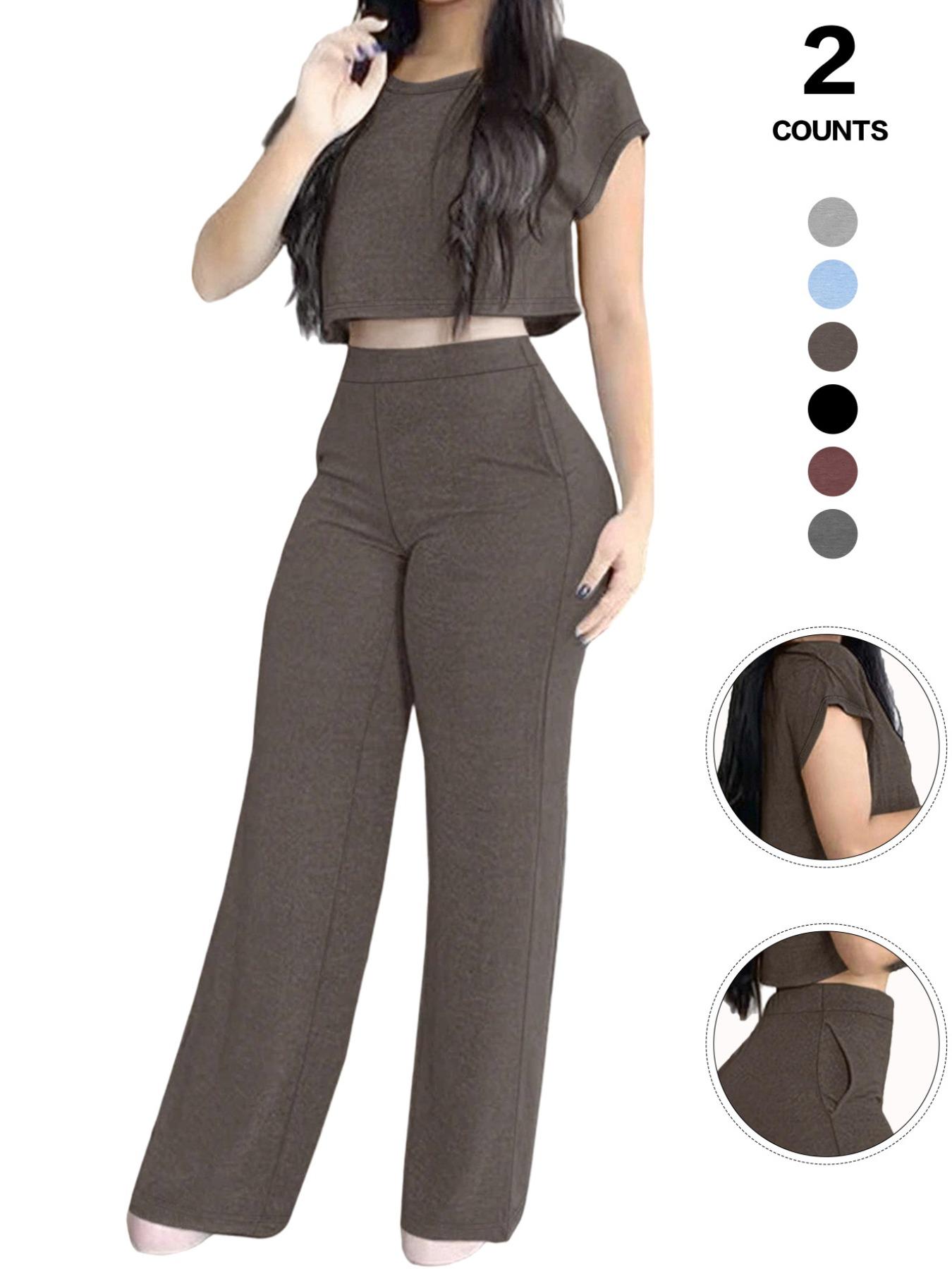 Women's Casual Elegant Solid-Color Suit Set, Short Top & High-Waisted Pants with Pockets, Comfortable Sporty Two-Piece