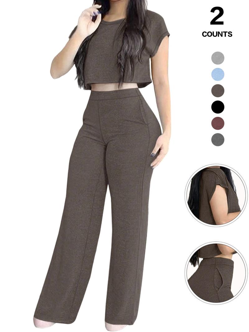 Women's Casual Elegant Solid-Color Suit Set, Short Top & High-Waisted Pants with Pockets, Comfortable Sporty Two-Piece