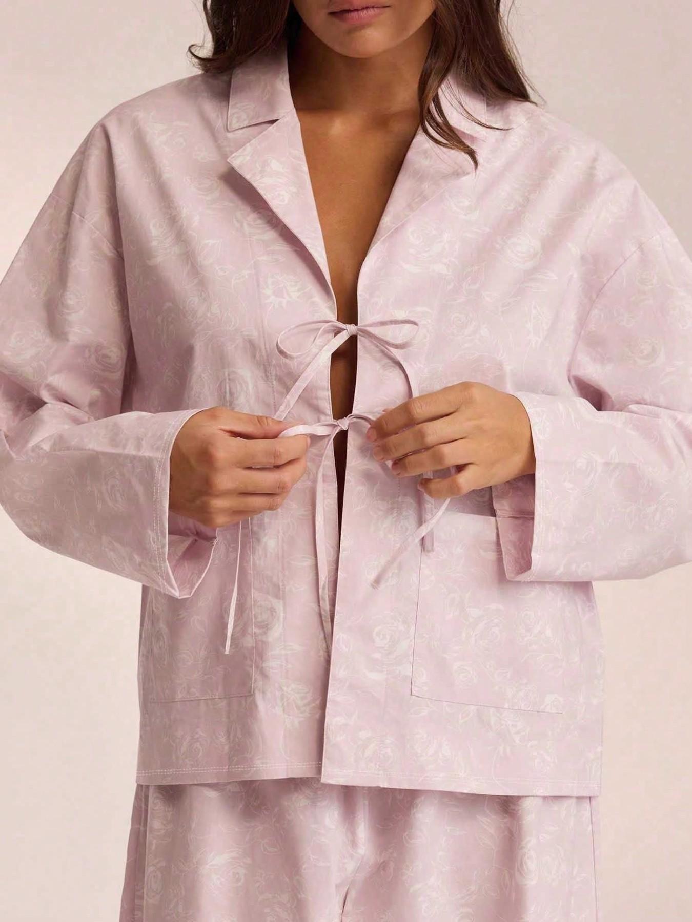 Women's Floral Print Lapel Sleepwear Set, Casual Comfortable Full Body Flower Pattern, Ladies Homeewear Suit for Spring & Fall