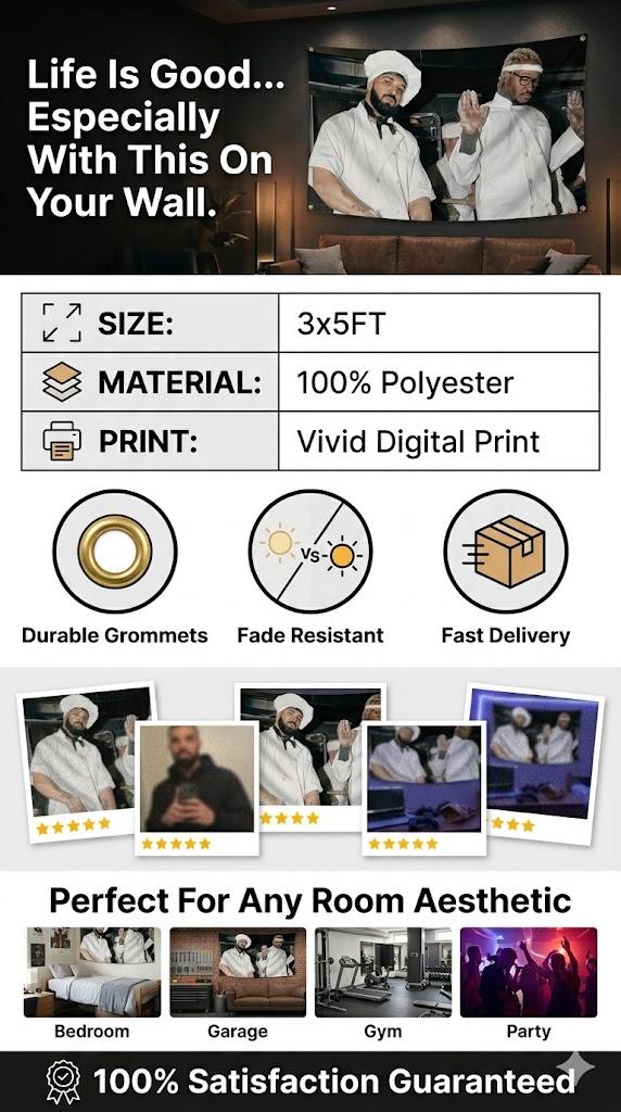Drakee & Futuree Chef Flag 3x5ft Hip Hop Rapper Meme Print Hanging Tapestry Banner, Heavy-Duty Polyester Party Backdrop with 4 Brass Grommets, Indoor Guys’ Gift Home Decor (Home Supplies)