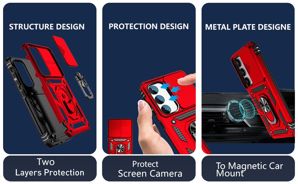 SunStory Phone Case for Samsung Galaxy S23 Case with HD Screen Protector & Slide Camera Cover & Rotated Ring Kickstand, [Military-Grade] [2 in 1] Phone Case for Galaxy S23 6.1'',Red