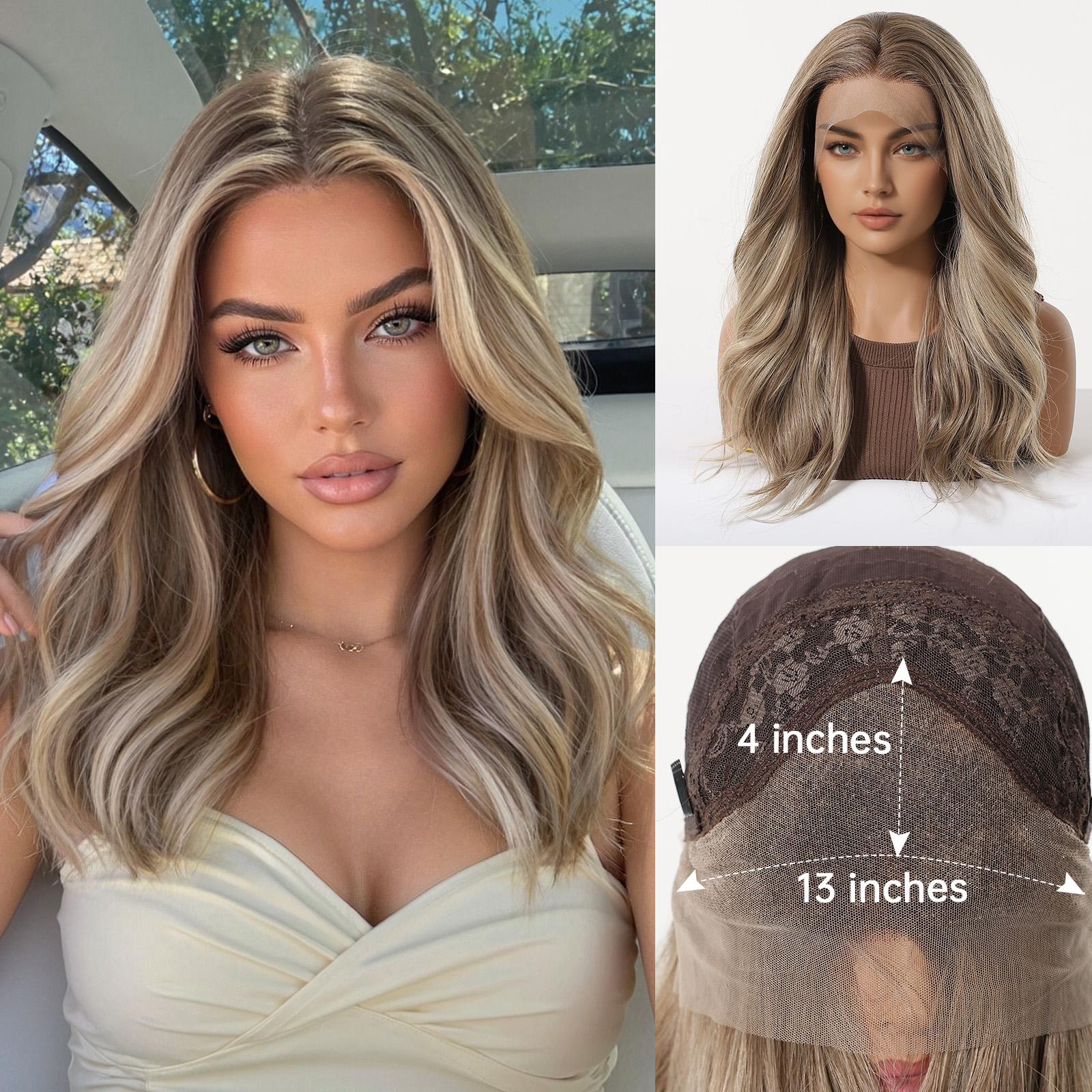 Topshe 13x4 Lace Front Wig, Lace Frontal Wig, Ash Highlights Medium Wave, Natural Skin-Like Scalp, Heat-Resistant Synthetic Hair for Women
