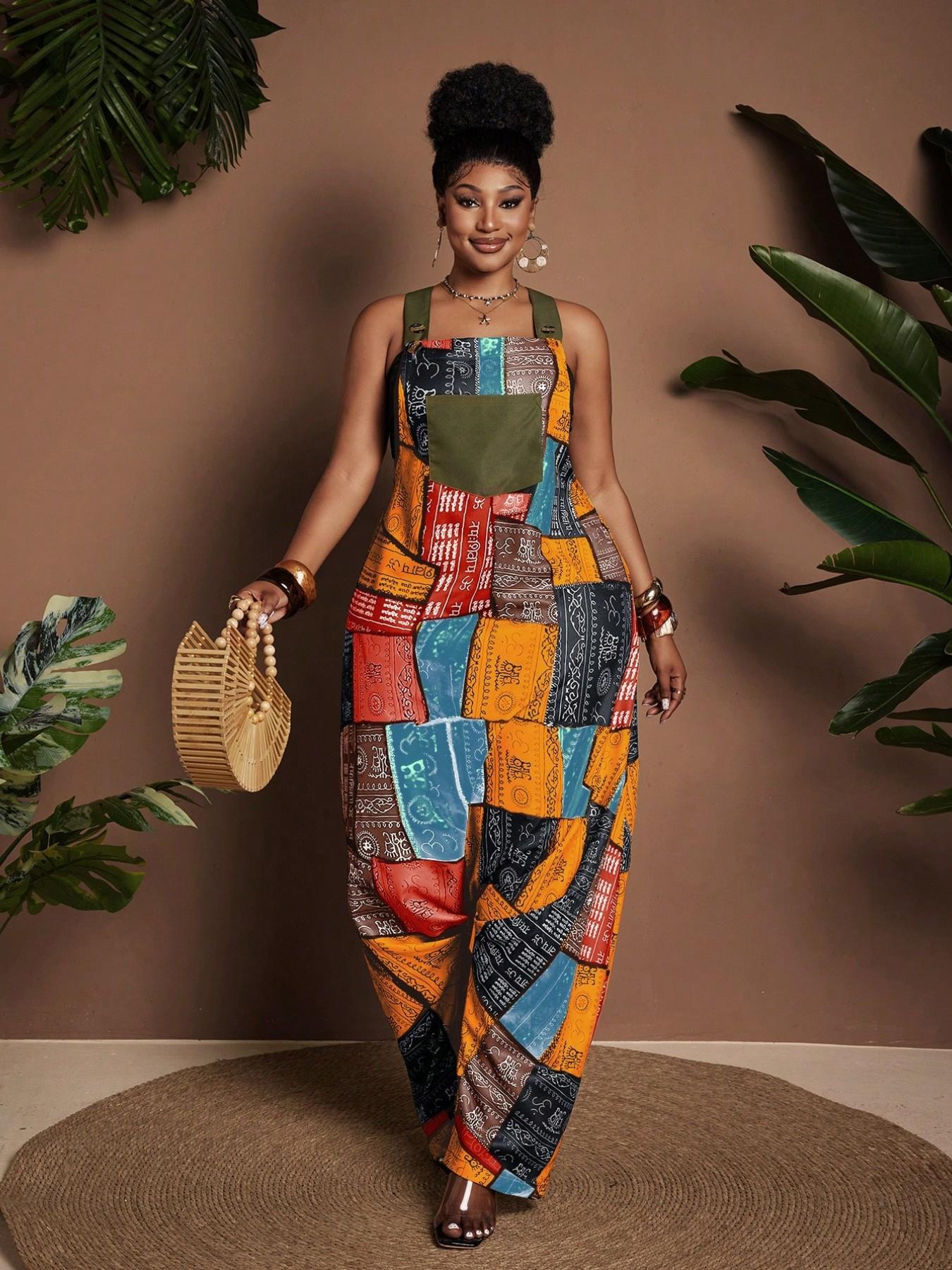 Women's Patch Printed Jumpsuit, Loose Wide Leg Workwear, Bohemian Fashion Style, Ideal for Vacations, Beach Trips, Music Festivals