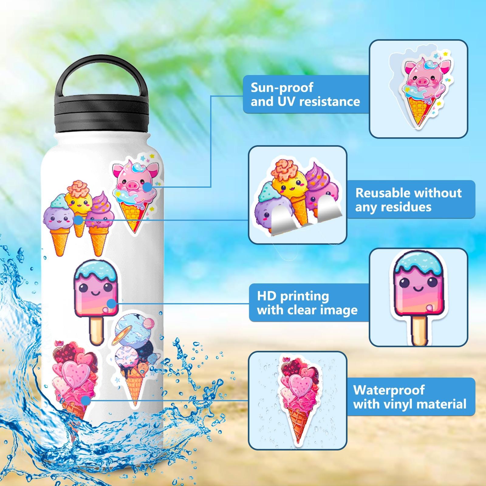 50 sheets colorful ice cream cone stickers, featuring an Instagram-inspired summer theme, showcasing cute designs of chocolate ice cream cones and graffiti-style stickers