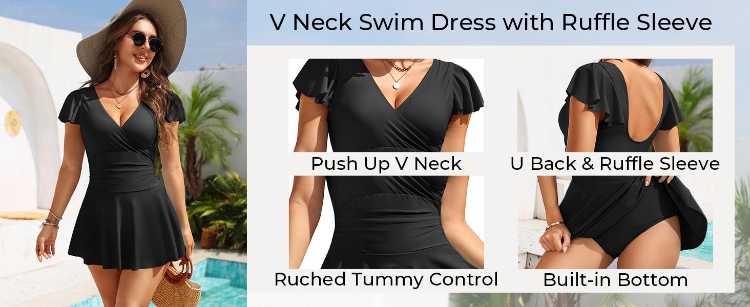 Aqua Eve One Piece Swimsuit with Skirt - Tummy Control Swimdress with Sleeve Modest Bathing Suit Swim Dress