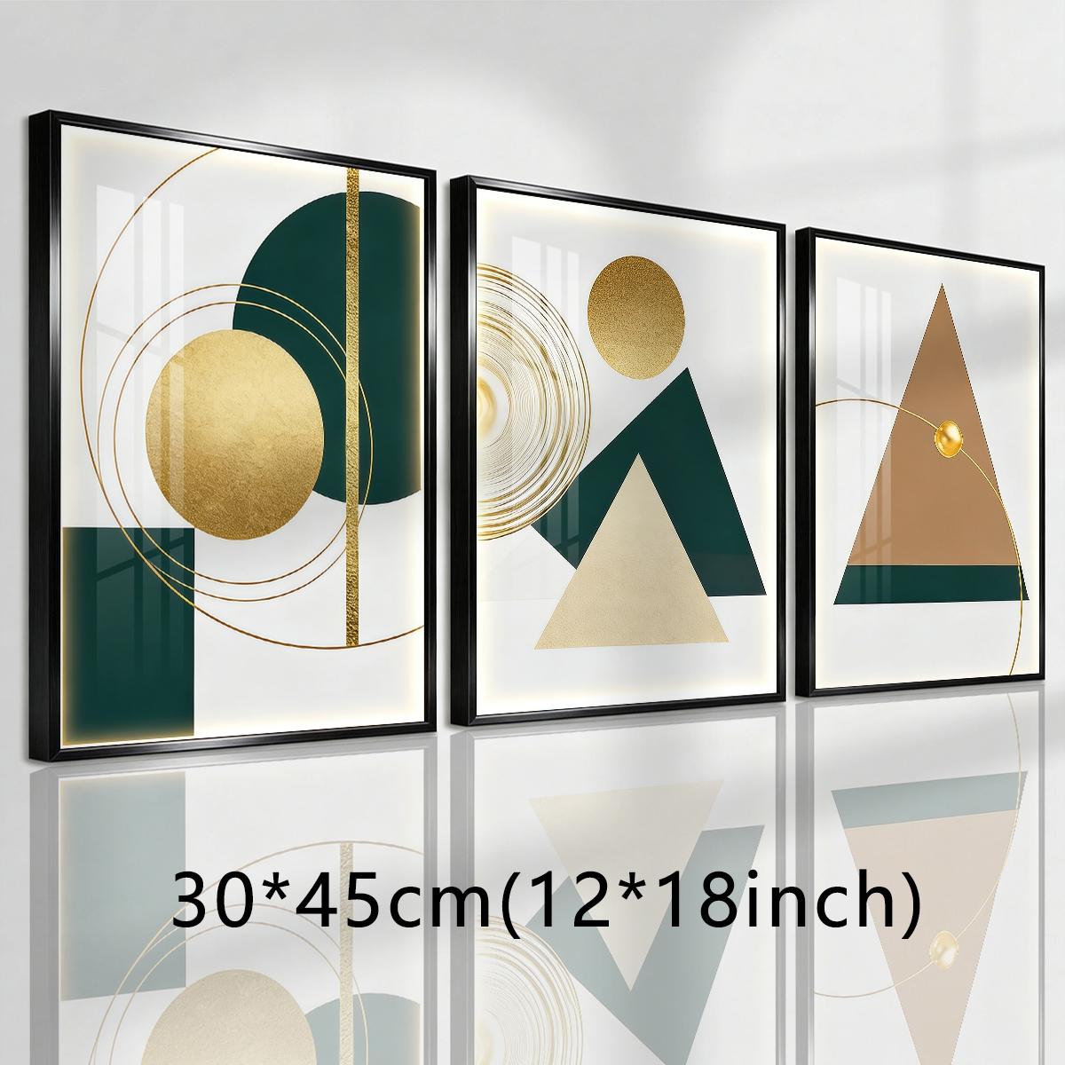 3 Counts Aluminum Alloy Framed Painting, Geometric Gold And Green Abstract Shapes Pictures, Home Decoration For Living Room, Bedroom, Office, Restaurant, Hallway Wall Decor, Odorless Print Artwork, Luxury Perfect Gift For Friends And Family