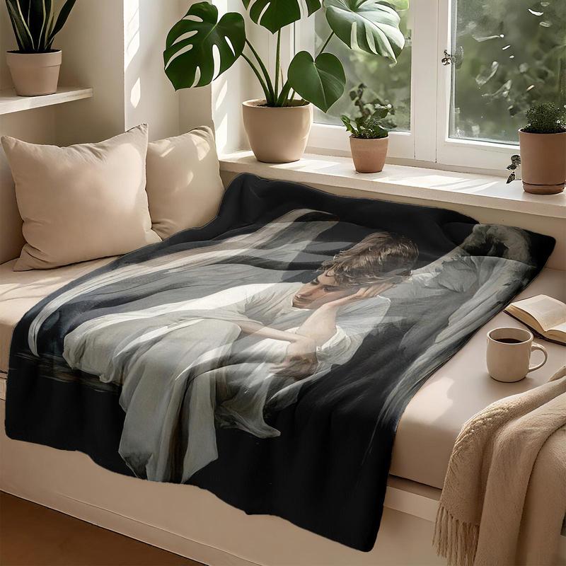 1 piece White-clad angel wings in contemplation themed flannel blanket - Oversized fluffy flannel sofa blanket, suitable for beds and sofas, modern design, all-season use, digitally printed pattern, 100% polyester material, machine washable