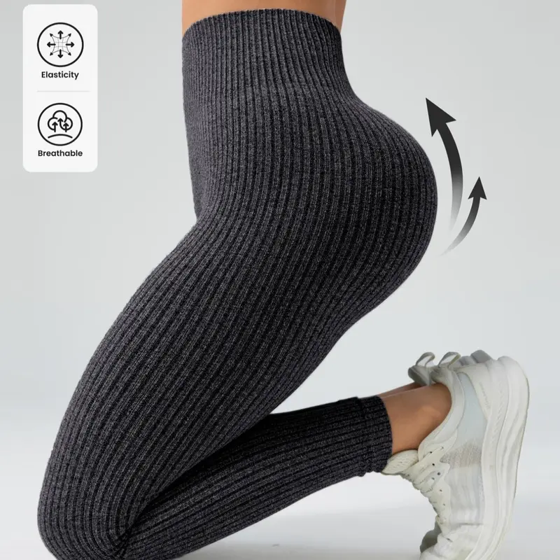 Seamless Knitted High Waisted Sports Tight Pants, Women's Seamless Yoga Pants, Sporty Style, All Seasons, Plain Pattern, Yoga Bottoms #GLOBAL PICKS