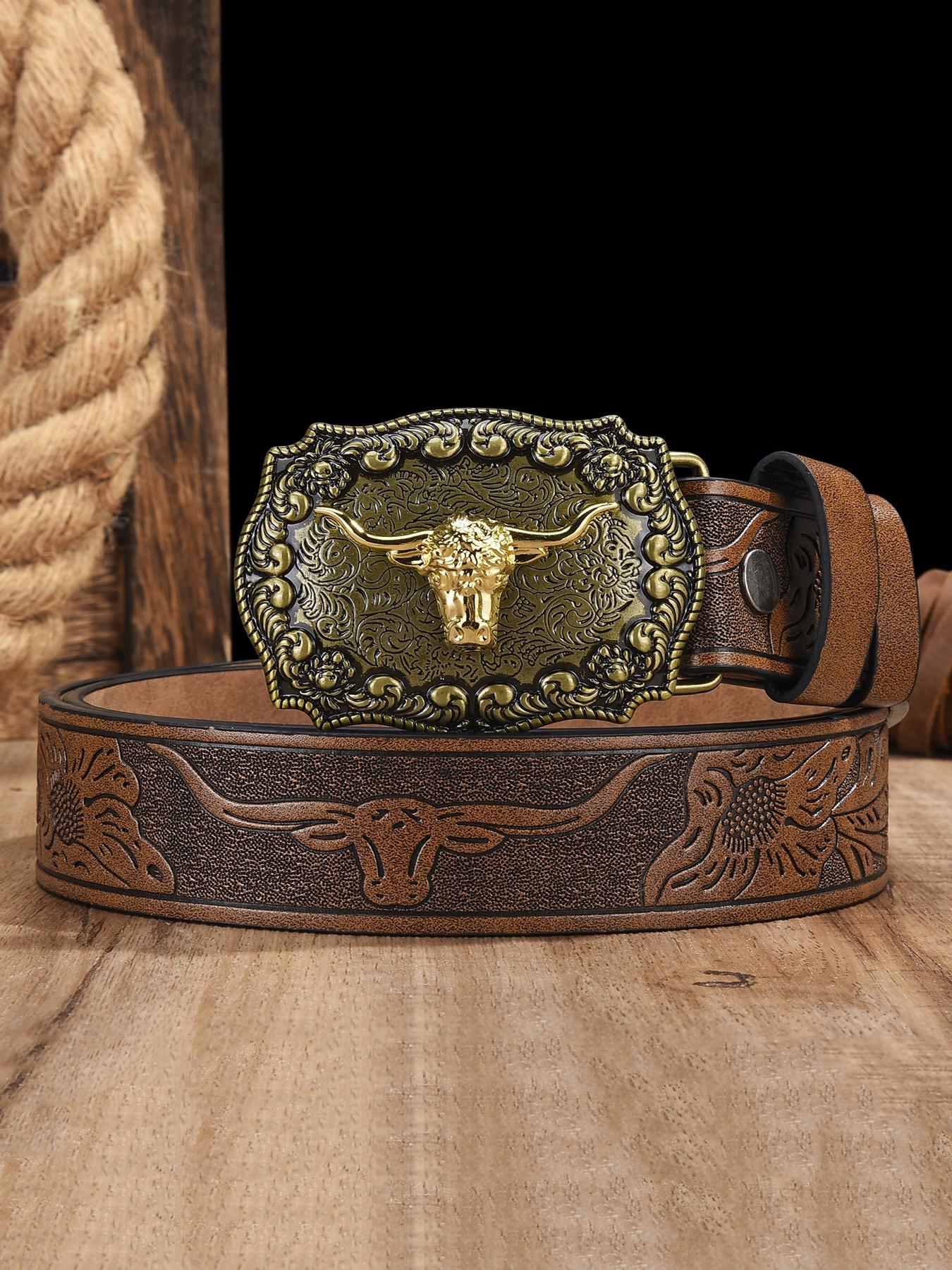 Western Disc Belt Faux Leather Cowboy Concho Belt Adjustable Metal Buckle Roper Men main image 2