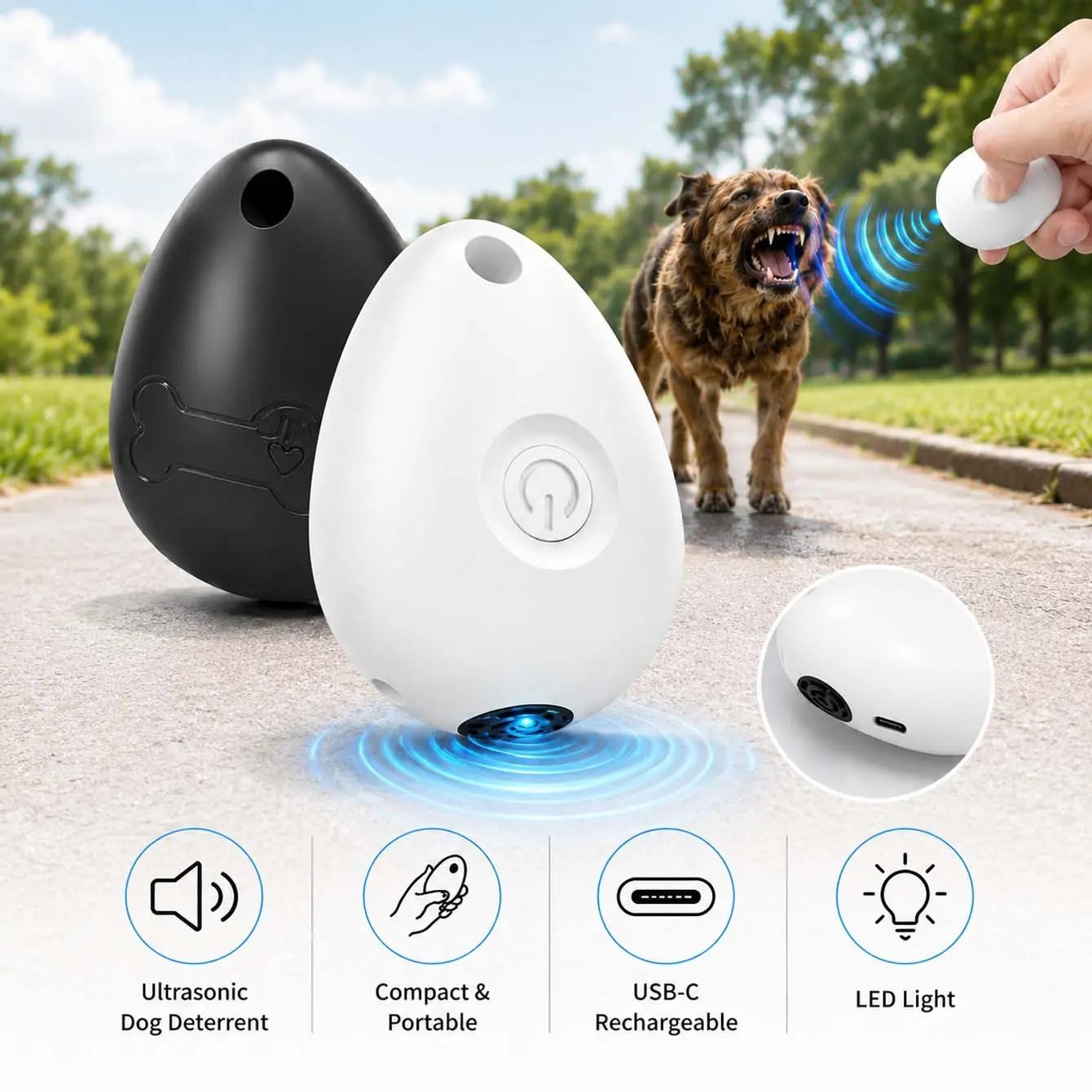 Ultrasonic Dog Training Aid with LED Light, Rechargeable Portable Bark Control Device, 2-Mode Handheld Behavior Trainer with USB-C Charging for Small Medium and Large Dogs