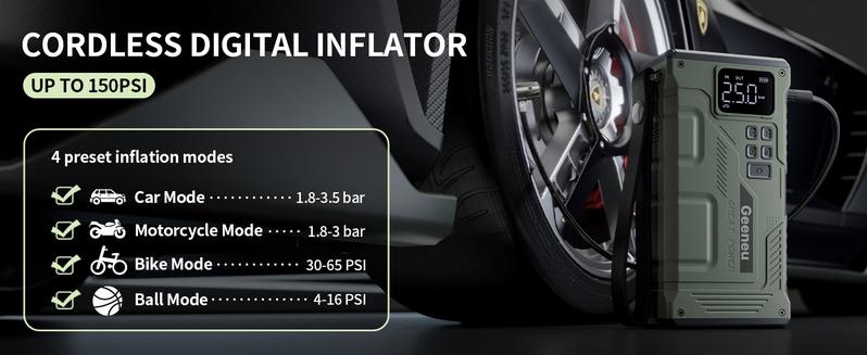 Geeneu 16800mAh Portable Car Jump Starter with 8000A Peak Current 150 PSI Turbocharged Inflation LED Light & LCD Display for Vehicle Safety & Emergency Starts Electronic Tool Cable Usb