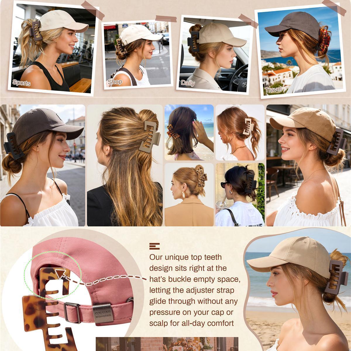 4-Pack Hat-Friendly Hair Claw Clips For Women, Strong Hold Comfort Styling Clamps For Thick Hair, Works With Baseball Caps & Trucker Hat Hairstyles, Trendy Hair Accessory For Daily Styling And Gift Giving